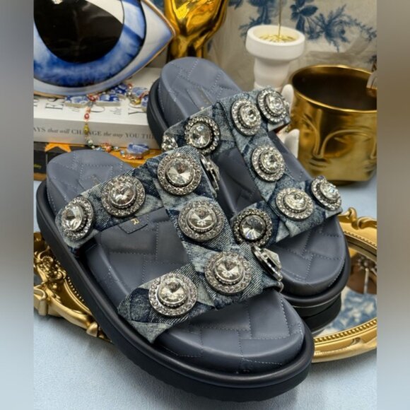 🆕 KURT GEIGER LONDON 🧿 NWOB Orson Crystal Sandal, Denim Wash - Sz EU38.5 US 8 - Picture 5 of 13